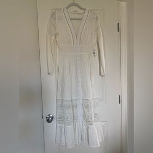 Summer V neck white cotton boho dress.